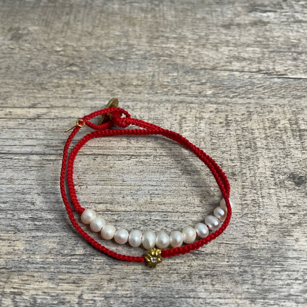 Karma and Luck Red Pearl Wrap Bracelet 18K gold plated brass lotus charm.